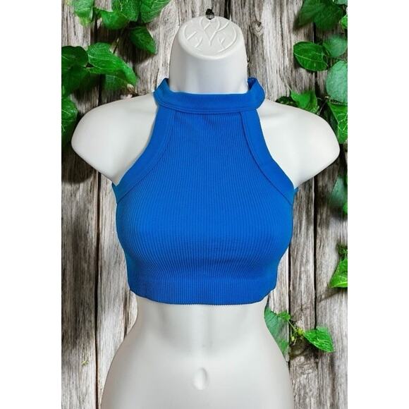 Cotton On Tops - Cotton On Blue Ribbed Crop Tank Top Sz XS/S High Neck Stretch